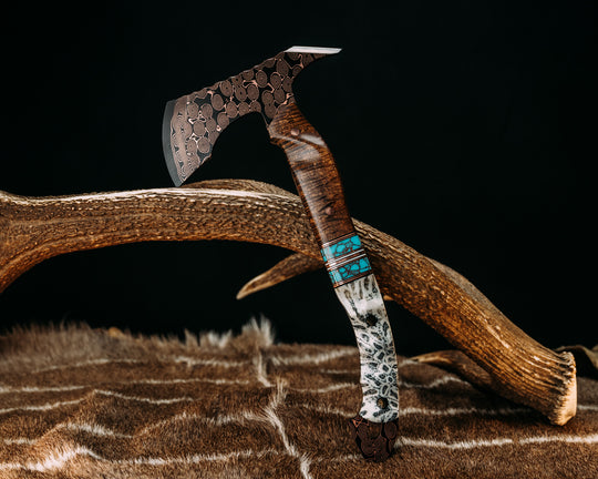 Reece Charlie Hawk- Baker Forge Raindrop CopperMai- Hawaiian Curly Koa, Black G10, Copper and White G10 Pin Striping, Turquoise with Copper Web Tru-stone Split, Dyed Coral, Copper Pins, 3/8" Mosaic Pins, Textured Grip