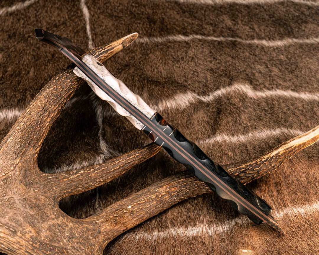 Recce Alpha Hawk- Baker Forge Random Pattern CopperMai- Elk Antler, Black G10 and Copper Pin Striping, Black Burlap Micarta and Desert Ironwood Split, Black Burlap Micarta, Mosaic Pins, Textured Grip