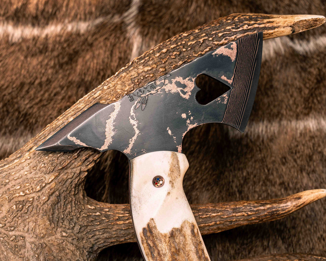 Bleeding Heart Hawk- Baker Forge Random Pattern CopperMai- Elk Antler, Black G10 and Copper Pin Striping, Raffir Noble Curly Copper Split, Hawaiian Curly Koa Copper Patriot Mosaic Pins, Textured Grip