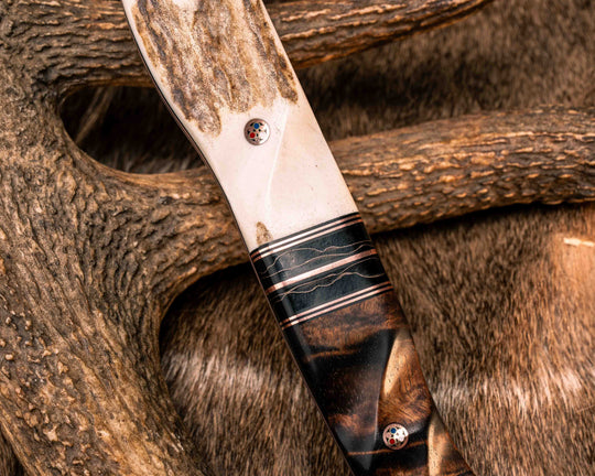 Bleeding Heart Hawk- Baker Forge Random Pattern CopperMai- Elk Antler, Black G10 and Copper Pin Striping, Raffir Noble Curly Copper Split, Hawaiian Curly Koa Copper Patriot Mosaic Pins, Textured Grip