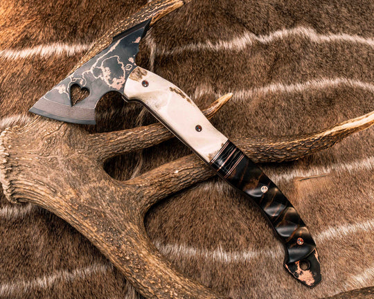 Bleeding Heart Hawk- Baker Forge Random Pattern CopperMai- Elk Antler, Black G10 and Copper Pin Striping, Raffir Noble Curly Copper Split, Hawaiian Curly Koa Copper Patriot Mosaic Pins, Textured Grip