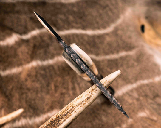 Bleeding Heart Hawk- Baker Forge Random Pattern CopperMai- Elk Antler, Black G10 and Copper Pin Striping, Raffir Noble Curly Copper Split, Hawaiian Curly Koa Copper Patriot Mosaic Pins, Textured Grip