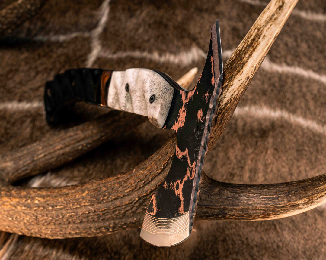Recce Alpha Hawk- Baker Forge Random Pattern CopperMai- Elk Antler, Black G10 and Copper Pin Striping, Black Burlap Micarta and Desert Ironwood Split, Black Burlap Micarta, Mosaic Pins, Textured Grip