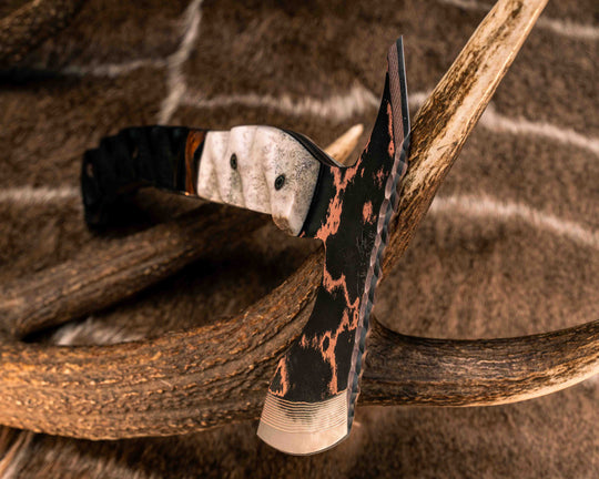 Recce Alpha Hawk- Baker Forge Random Pattern CopperMai- Elk Antler, Black G10 and Copper Pin Striping, Black Burlap Micarta and Desert Ironwood Split, Black Burlap Micarta, Mosaic Pins, Textured Grip