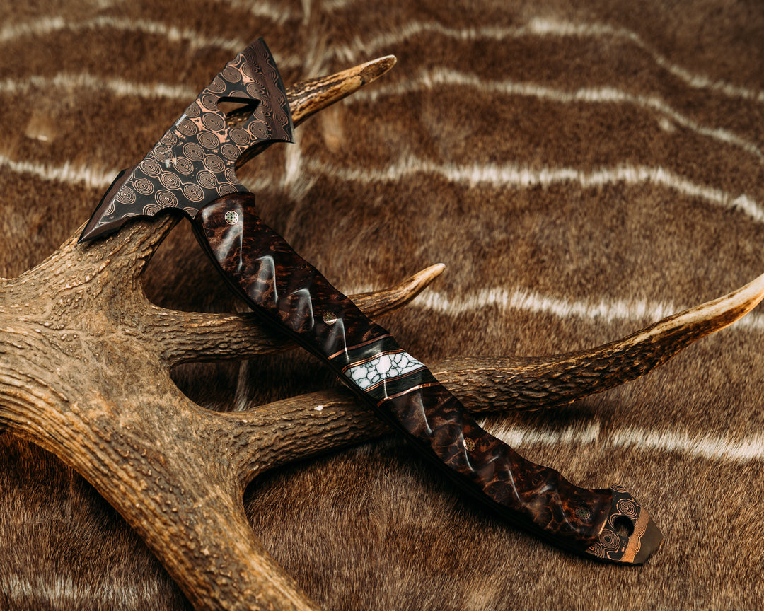 Bleeding Heart Hawk- Baker Forge Raindrop CopperMai- Redwood Burl, Copper and Black G10 Pin Striping, Green Dark Matter Carbon and White Turquoise Tru-stone Split, Mosaic Pins, Textured Grip