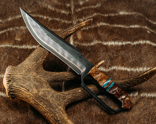 Trench Bowie- Baker Forge Copper GoMai Damascus- Black Ash Burl, Black G10 and Copper Pin Striping, Turquoise with Copper Web Tru-stone Split, Redwood Burl, Copper Patriot Mosaic Pins, Textured Grip