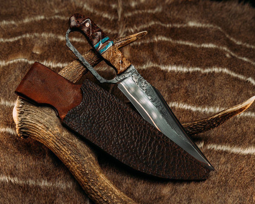 Trench Bowie- Baker Forge Copper GoMai Damascus- Black Ash Burl, Black G10 and Copper Pin Striping, Turquoise with Copper Web Tru-stone Split, Redwood Burl, Copper Patriot Mosaic Pins, Textured Grip
