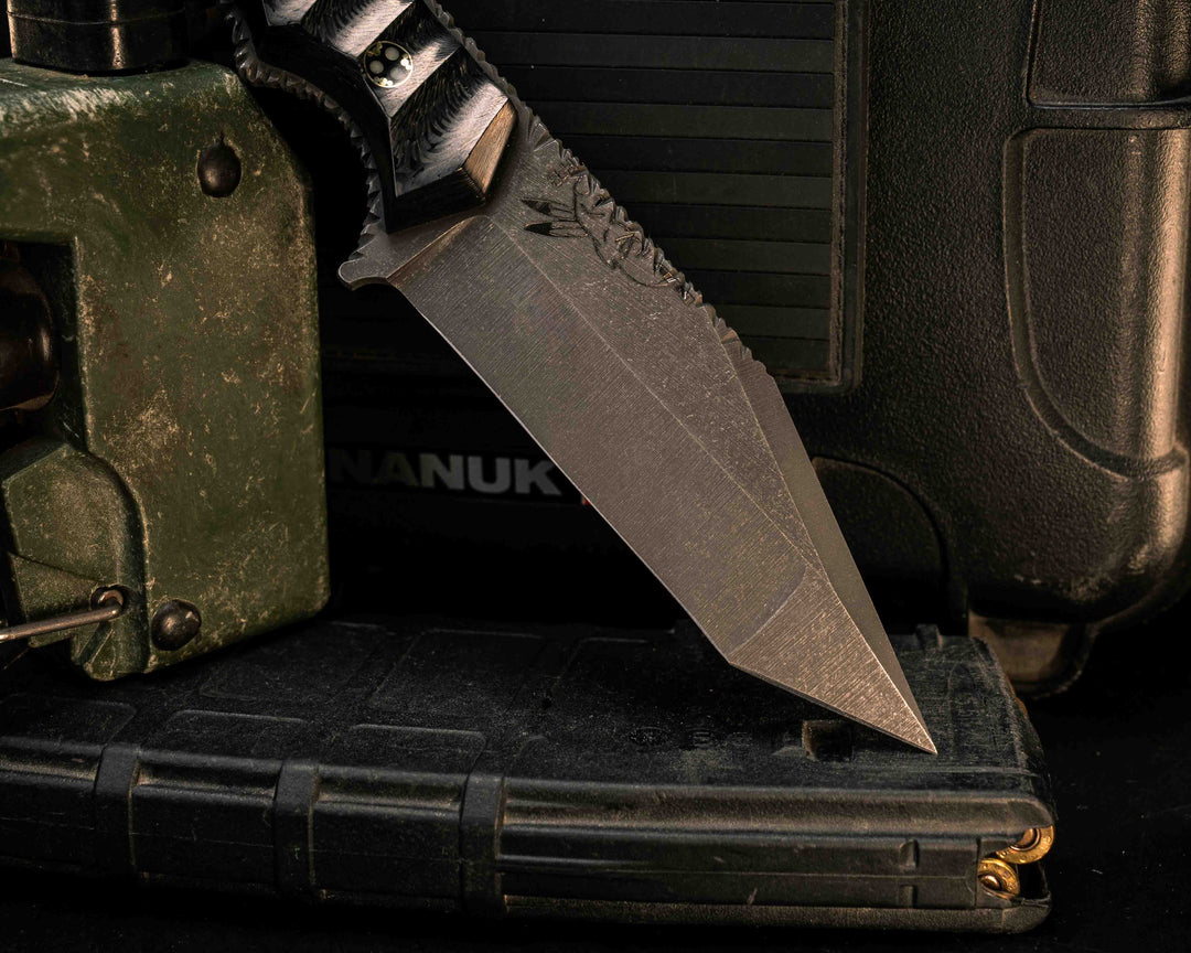 The Sabot- 2x2 Twill Carbon, Glow Mosaic Pin, Hidden Pin in Tang, Compound Grind, Textured Grip