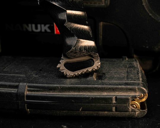 The Sabot- 2x2 Twill Carbon, Glow Mosaic Pin, Hidden Pin in Tang, Compound Grind, Textured Grip