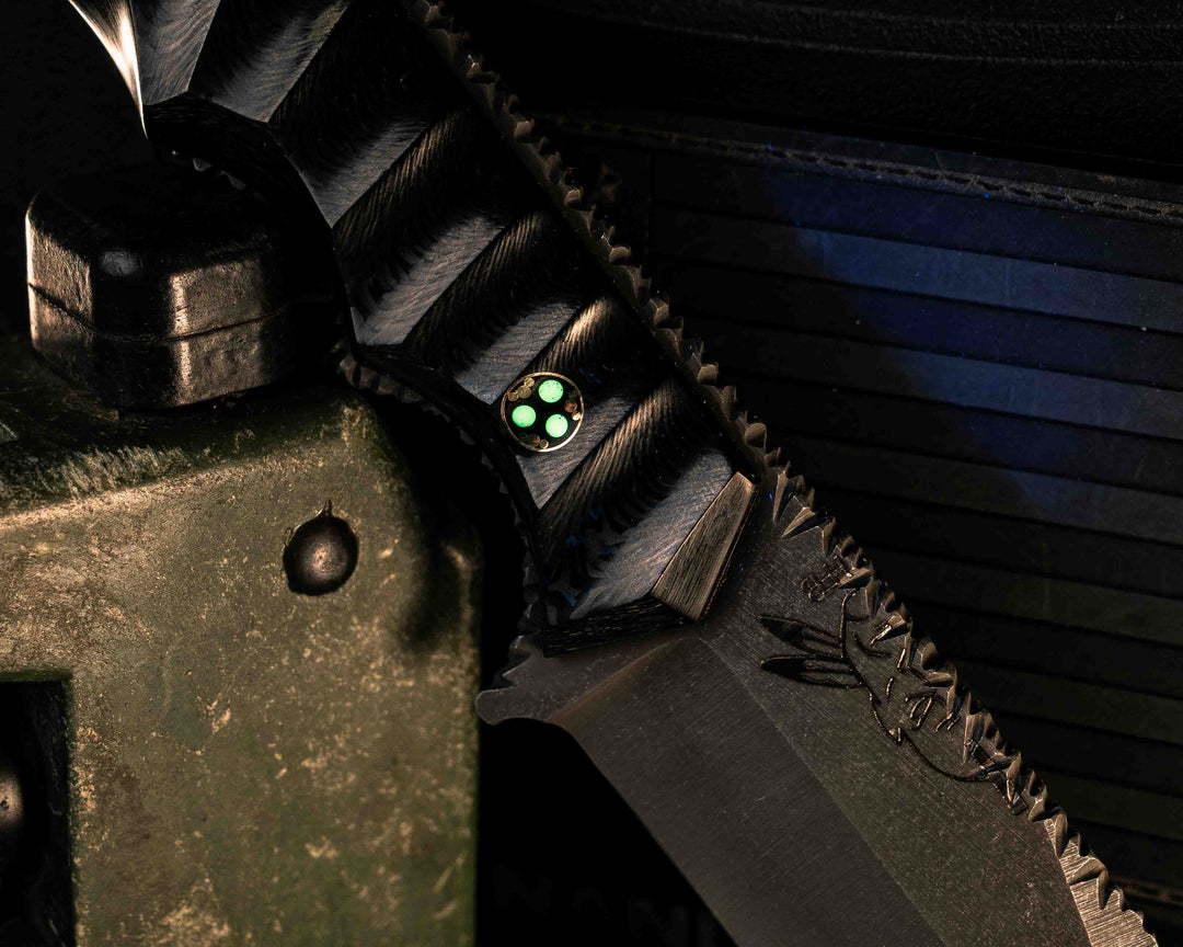 The Sabot- 2x2 Twill Carbon, Glow Mosaic Pin, Hidden Pin in Tang, Compound Grind, Textured Grip