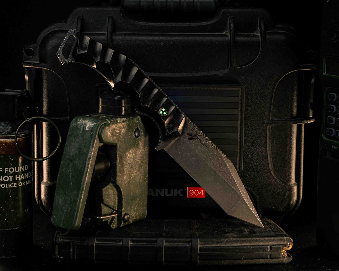 The Sabot- 2x2 Twill Carbon, Glow Mosaic Pin, Hidden Pin in Tang, Compound Grind, Textured Grip