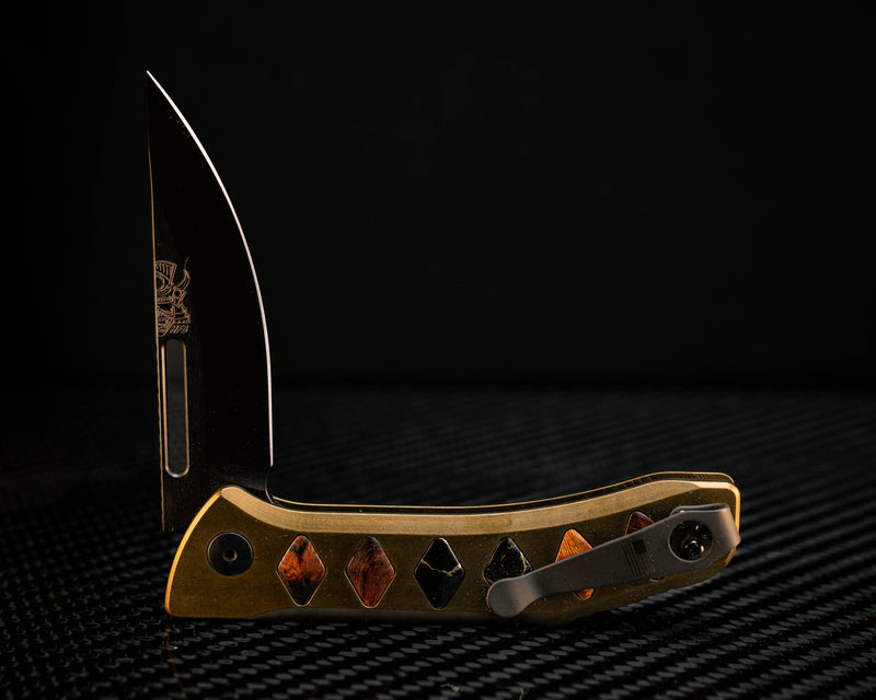 Custom Kwaiken Folder- Desert Ironwood and Black with Gold Web Tru-stone Inlay, Anodized Green Handle, Black Nitride Blade, Textured Grip, Deep Carry Pocket Clip