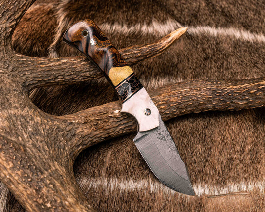 Beef Harpoon- Elk Antler, Black G10 and Copper Pin Striping, Black with Copper Web Tru-stone Split, Desert Ironwood, Mosaic Pins, Brass Lanyard Pin, Textured Grip