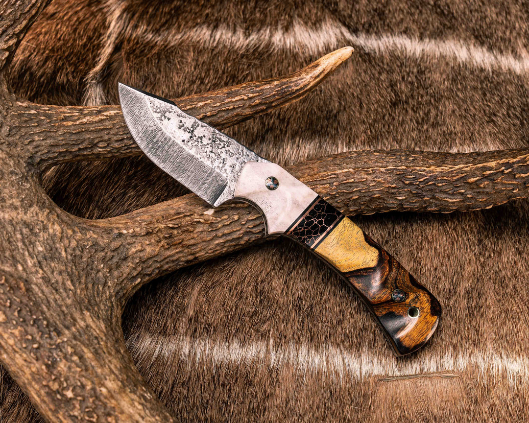 Beef Harpoon- Elk Antler, Black G10 and Copper Pin Striping, Black with Copper Web Tru-stone Split, Desert Ironwood, Mosaic Pins, Brass Lanyard Pin, Textured Grip