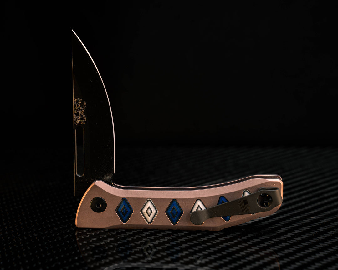 Custom Kwaiken Folder- Blue and White Camoquartz Inlay, Anodized Grey Handle, Black Nitride Blade, Textured Grip, Deep Carry Pocket Clip