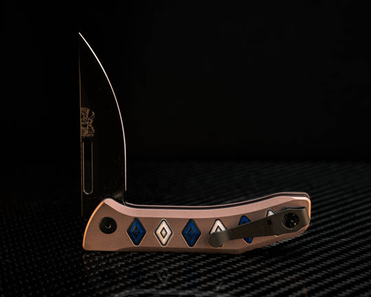 Custom Kwaiken Folder- Blue and White Camoquartz Inlay, Anodized Grey Handle, Black Nitride Blade, Textured Grip, Deep Carry Pocket Clip