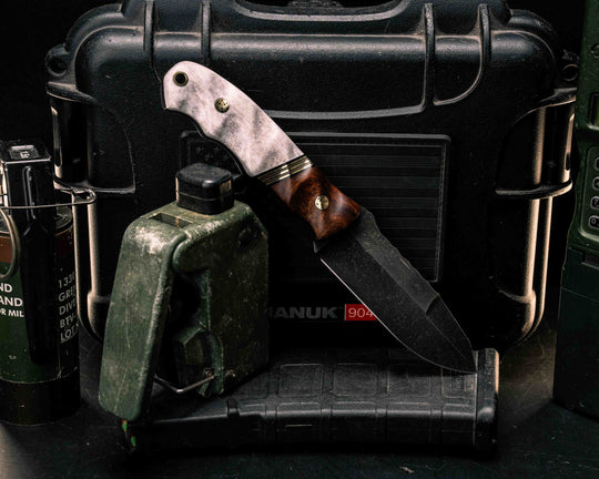 Disaster Jr Gen 3- Desert Ironwood, Black G10, Brass and Coyote G10 Split, Elk Antler, Mosaic Pins, Brass Lanyard Pin, Textured Grip
