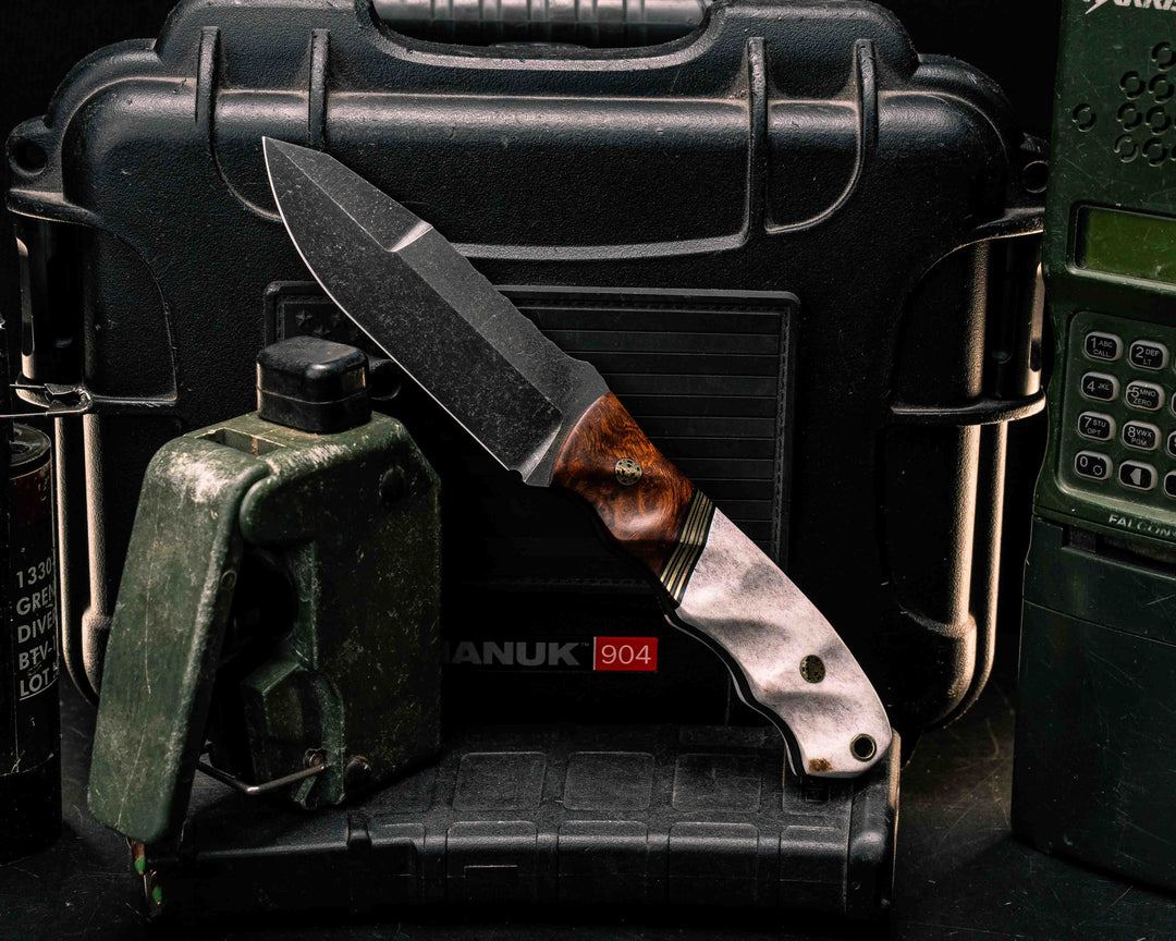 Disaster Jr Gen 3- Desert Ironwood, Black G10, Brass and Coyote G10 Split, Elk Antler, Mosaic Pins, Brass Lanyard Pin, Textured Grip