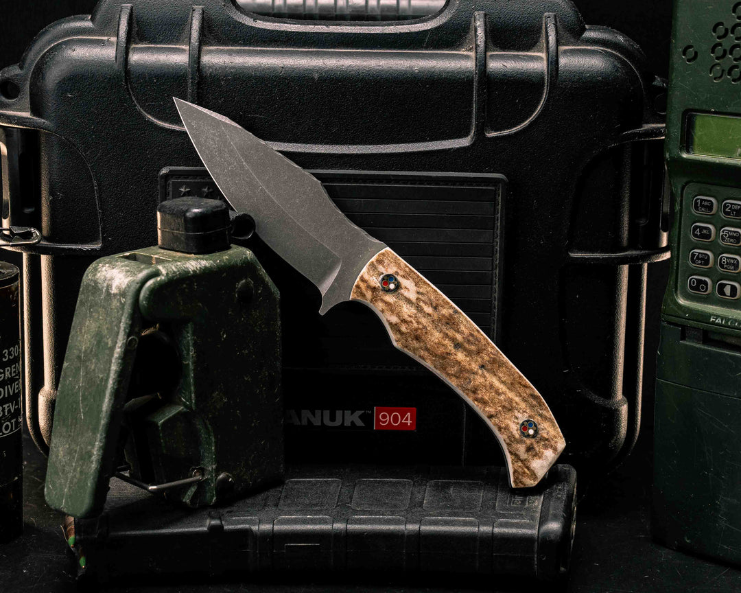 Ishi- Elk Antler, Patriot Mosaic Pins, Natural Textured Grip