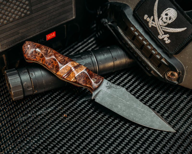 Field Knife - Redwood, Black G10 & Copper Pin Striping, Black Ash Burl Splits, Mosaic Pins, Tetxtured Grip.