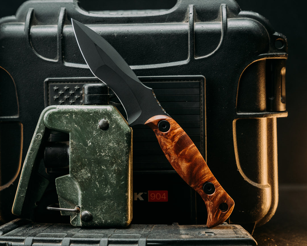 Extremis MK1 - Maple Burl, Allen Bolts, Armor Black Cerakote, Hollow Lanyard Hole, Smooth Grip