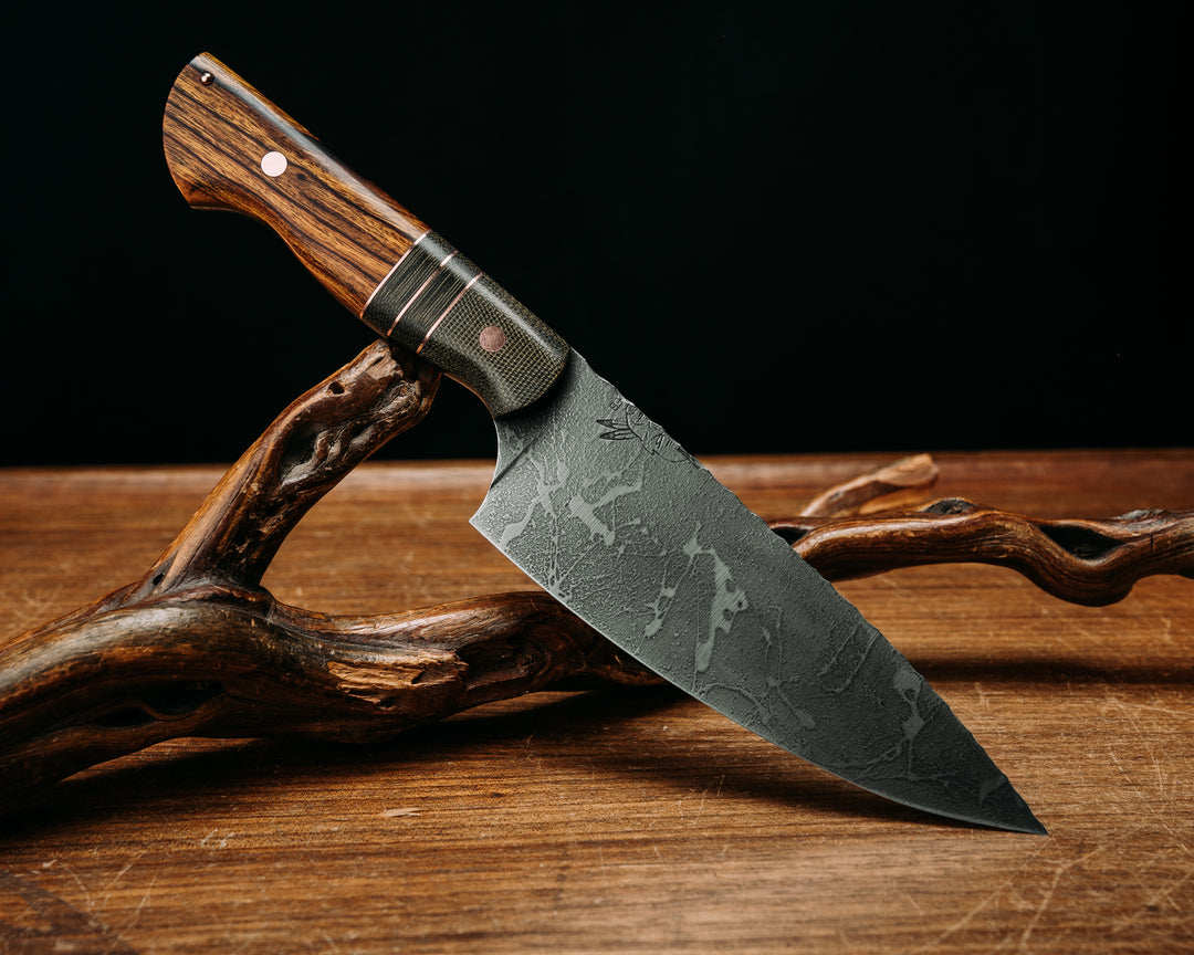Chef Jr - OD Green Canvas Micarta, Copper Pinn Striping, OD Green Canvas Micarta Splits, Desert Ironwood, Copper Pins, smooth grip.