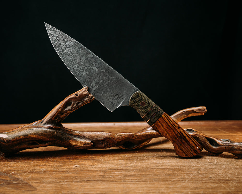 Chef Jr - OD Green Canvas Micarta, Copper Pinn Striping, OD Green Canvas Micarta Splits, Desert Ironwood, Copper Pins, smooth grip.