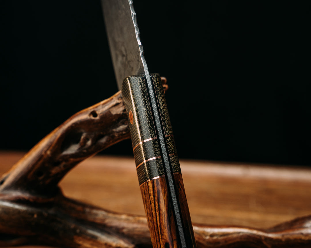 Chef Jr - OD Green Canvas Micarta, Copper Pinn Striping, OD Green Canvas Micarta Splits, Desert Ironwood, Copper Pins, smooth grip.