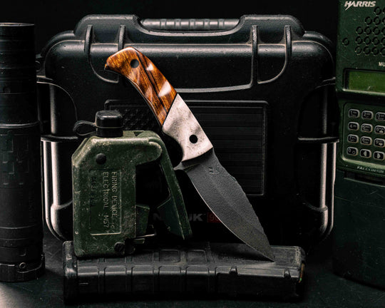 Ishi- Elk Antler, Black G10 Split, Desert Ironwood, CF Pins, Textured Grip