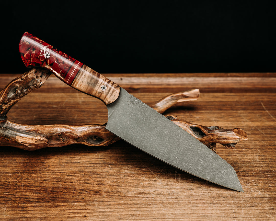 Santoku- Hawaiian Curly Koa, Black G10, Red G10 and Copper Split, Red with Gold Web Tru-LaRaue Stone, Mosaic Pins, Smooth Grip