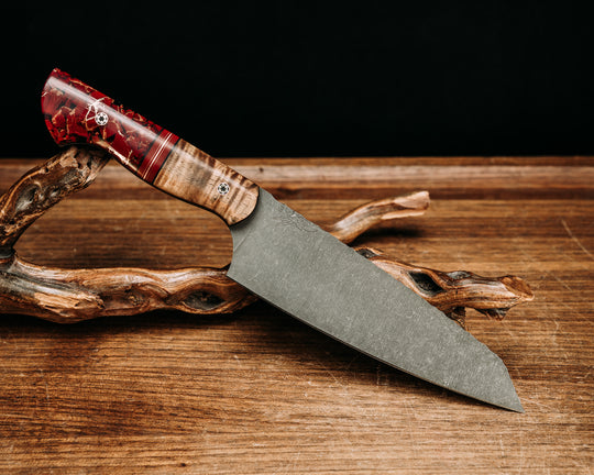 Santoku- Hawaiian Curly Koa, Black G10, Red G10 and Copper Split, Red with Gold Web Tru-LaRaue Stone, Mosaic Pins, Smooth Grip