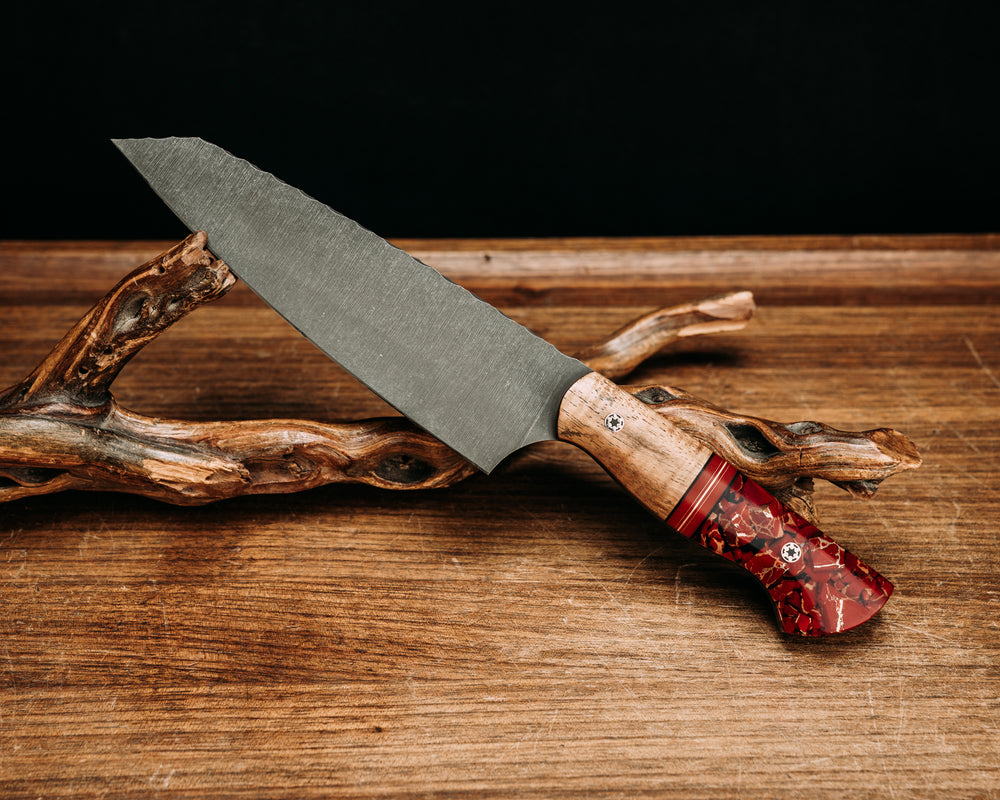Santoku- Hawaiian Curly Koa, Black G10, Red G10 and Copper Split, Red with Gold Web Tru-LaRaue Stone, Mosaic Pins, Smooth Grip