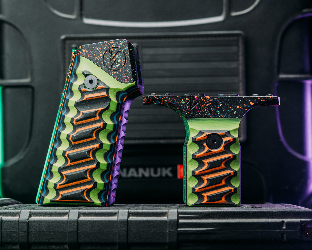 HFB x Kinetic AR Grip System SET - Black, Blue Green & Orange G10, 80's Rad Splatter Cerakote Frames, Snake Textured Grip