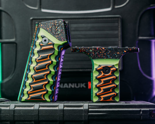 HFB x Kinetic AR Grip System SET - Black, Blue Green & Orange G10, 80's Rad Splatter Cerakote Frames, Snake Textured Grip
