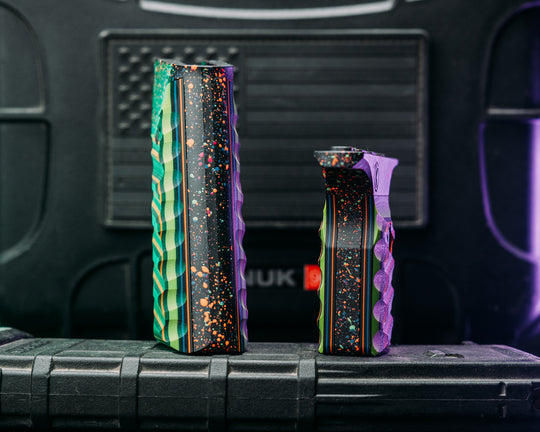 HFB x Kinetic AR Grip System SET - Black, Blue Green & Orange G10, 80's Rad Splatter Cerakote Frames, Snake Textured Grip