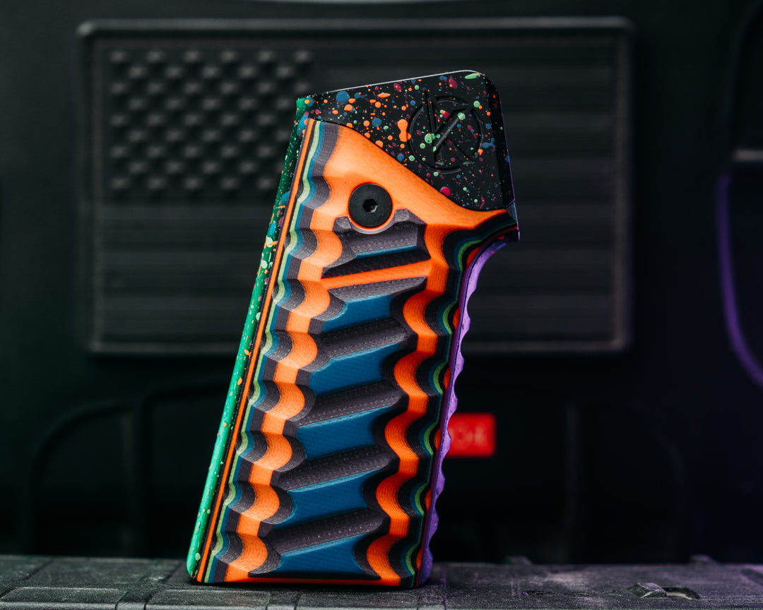 HFB x Kinetic AR Grip - Blue, Purple, Orange & Green G10,80's RAD Splatter Cerakote Frame, Snake Textured Grip