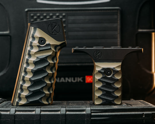 HFB x Kinetic AR Grip System SET - Black & OD Green G10, Armor Black Cerakote Frames, Snake Textured Grip