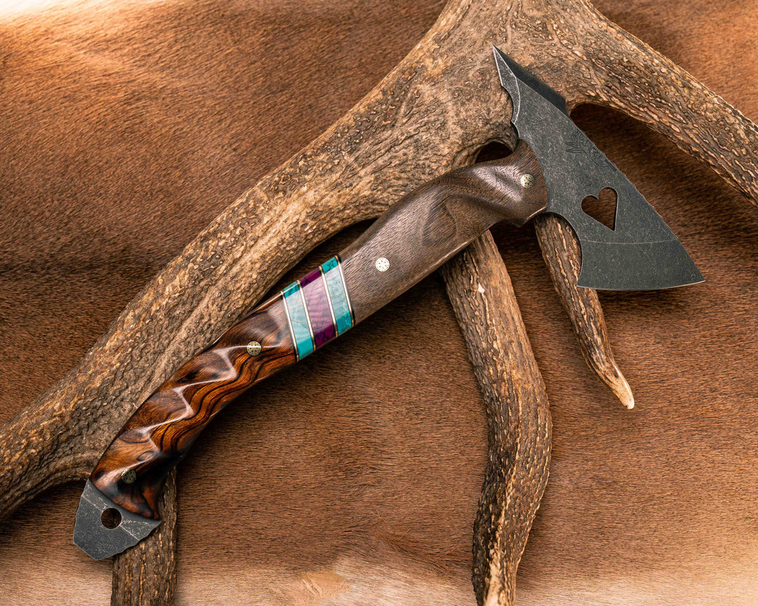 Bleeding Heart Hawk- Wenge, Black G10 and Brass Pin Striping, Chrysocolla and Sugi Tru-stone Split, Desert Ironwood, Mosaic Pins, Textured Grip