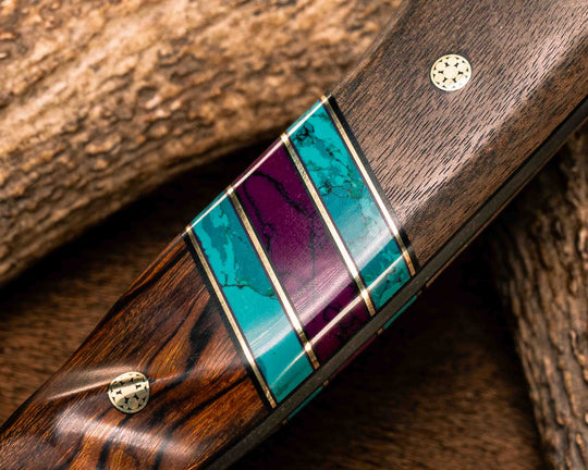 Bleeding Heart Hawk- Wenge, Black G10 and Brass Pin Striping, Chrysocolla and Sugi Tru-stone Split, Desert Ironwood, Mosaic Pins, Textured Grip