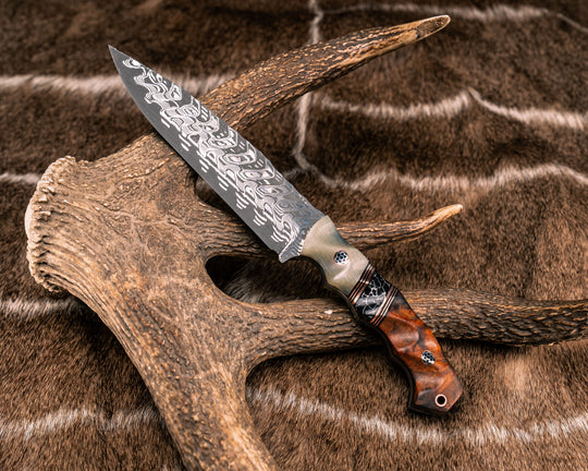 Ranch Knife- Vegas Forge- Rams Horn, Black G10 and Copper Pin Striping, Black with White Web Tru-stone Split, Desert Ironwood, 3/8" Mosaic Pins, Copper Lanyard Pin, Textured Grip