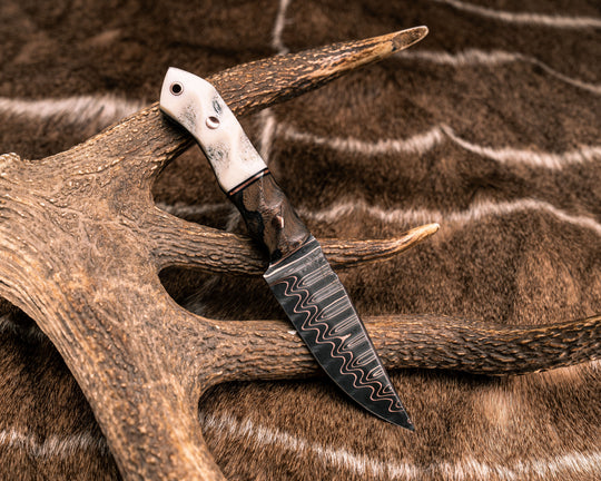 Red Crow- Baker Forge CopperMai Ladder Pattern Damascus- Pheasantwood, Black G10 and Copper Split, CO Elk Antler, Copper Pins, Copper Lanyard Pin, Textured Grip