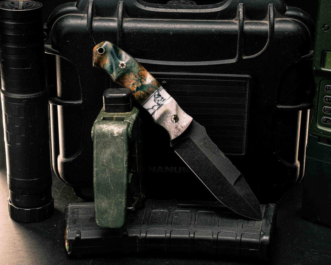 Disaster Jr Gen 3- Elk Antler, Aluminum and Black G10 Pin Striping, White Turquoise Tru-stone Split, Dyed Amboyna, Mosaic Pins, Brass Lanyard Pin, Textured Grip