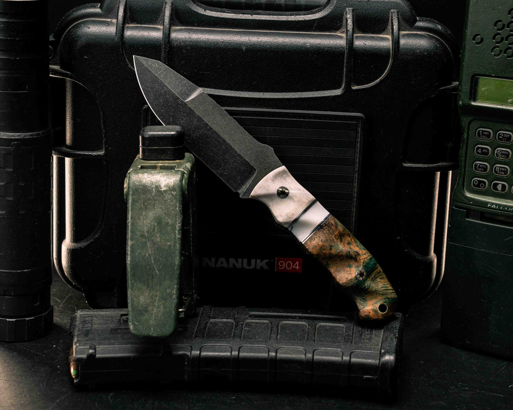 Disaster Jr Gen 3- Elk Antler, Aluminum and Black G10 Pin Striping, White Turquoise Tru-stone Split, Dyed Amboyna, Mosaic Pins, Brass Lanyard Pin, Textured Grip