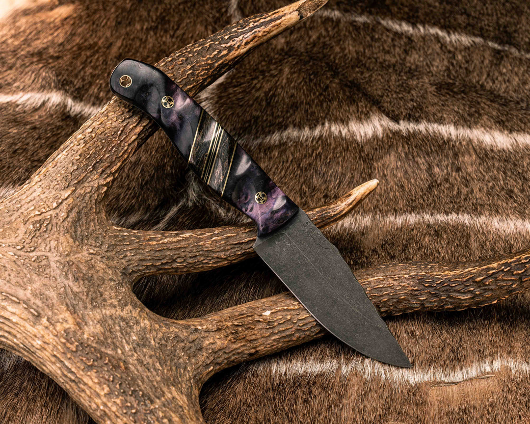 Crow Jr- Dyed Redwood, Black G10 and Brass Pin Striping, Gold Dark Matter Carbon Split, Mosaic Pins, Brass Lanyard Pin, Textured Grip