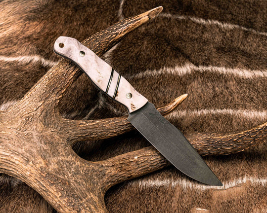 Crow Scout- Elk Antler, Black G10 and Brass Pin Striping, Ivory Pearl Resin Split, Brass Mosaic Pins, Brass Lanyard Pin, Textured Grip