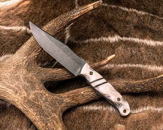 Crow Scout- Elk Antler, Black G10 and Brass Pin Striping, Ivory Pearl Resin Split, Brass Mosaic Pins, Brass Lanyard Pin, Textured Grip