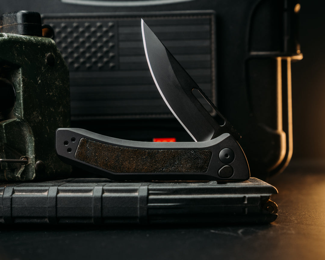 Custom Kwaiken Folder -  Mammoth Bone, Black Handle, Black Nitride Blade, Deep Carry Pocket Clip