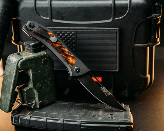 Custom Kwaiken Folder - Hawaiian Curly Koa, Anodized Black Handle, Black Nitride Blade, Textured Grip, Deep Carry Pocket Clip