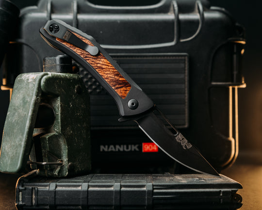 Custom Kwaiken Folder - Hawaiian Curly Koa, Anodized Black Handle, Black Nitride Blade, Textured Grip, Deep Carry Pocket Clip