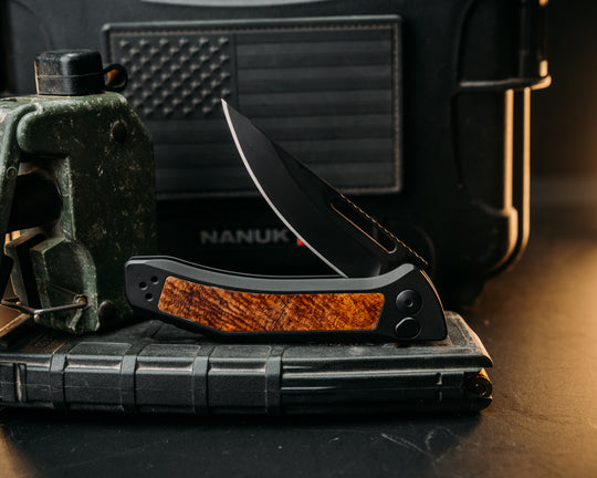 Custom Kwaiken Folder - Hawaiian Curly Koa, Anodized Black Handle, Black Nitride Blade, Textured Grip, Deep Carry Pocket Clip